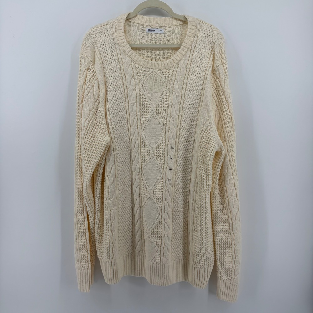 Sonoma Cable Knit Sweater Cream Women XXL‎ Crew Neck Cotton Blend Pullover NEW